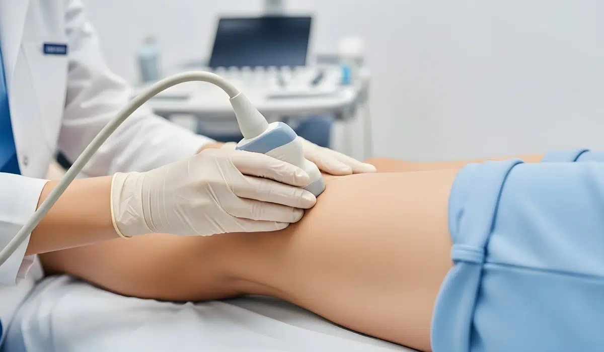 Close-up of a doctor using an ultrasound probe on a patient's leg to assess blood flow and check for vein issues (vascular ultrasound).