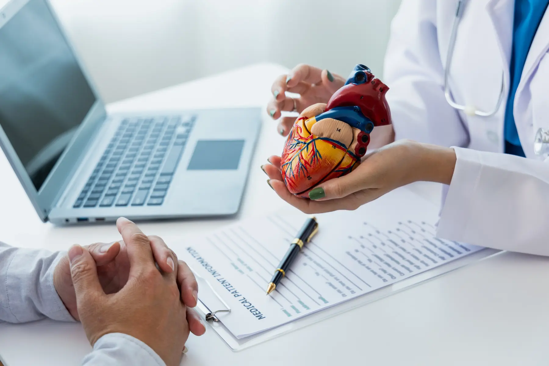 Doctor explaining heart model to patient in office setting.